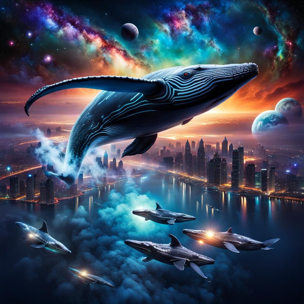 Humpback Whale Jumping Around A Futuristic Towns Sky
