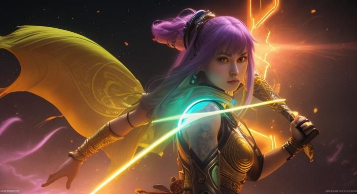 Neon Woman with Sword: Vivid Digital Art