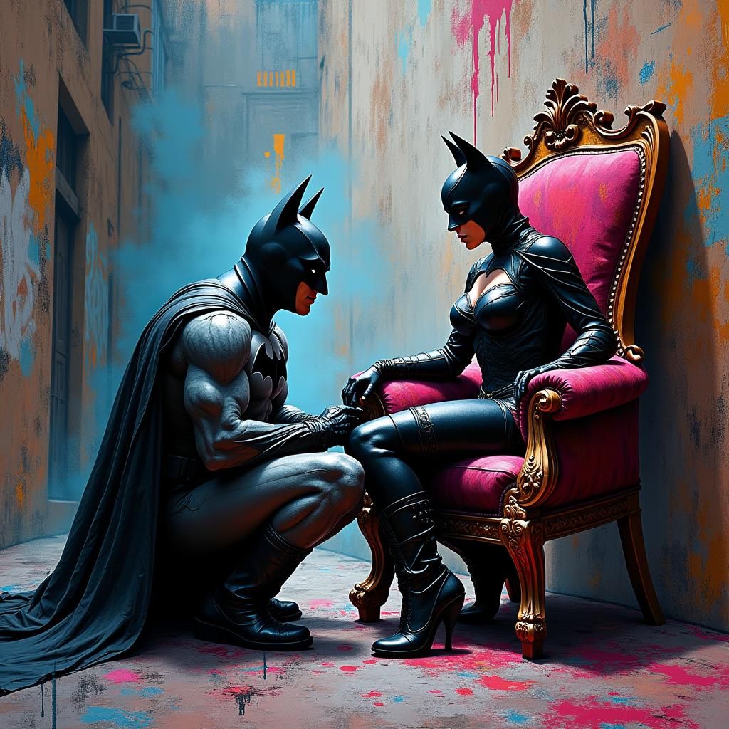 Batman Kneels Before Catwoman in Urban Art Style