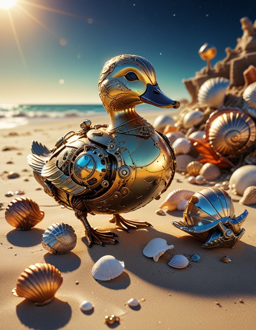 Steampunk Duck on Beach in Golden Moonlight