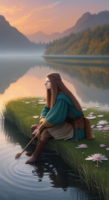 Vodnik at Serene Lake Sunset: Digital Art