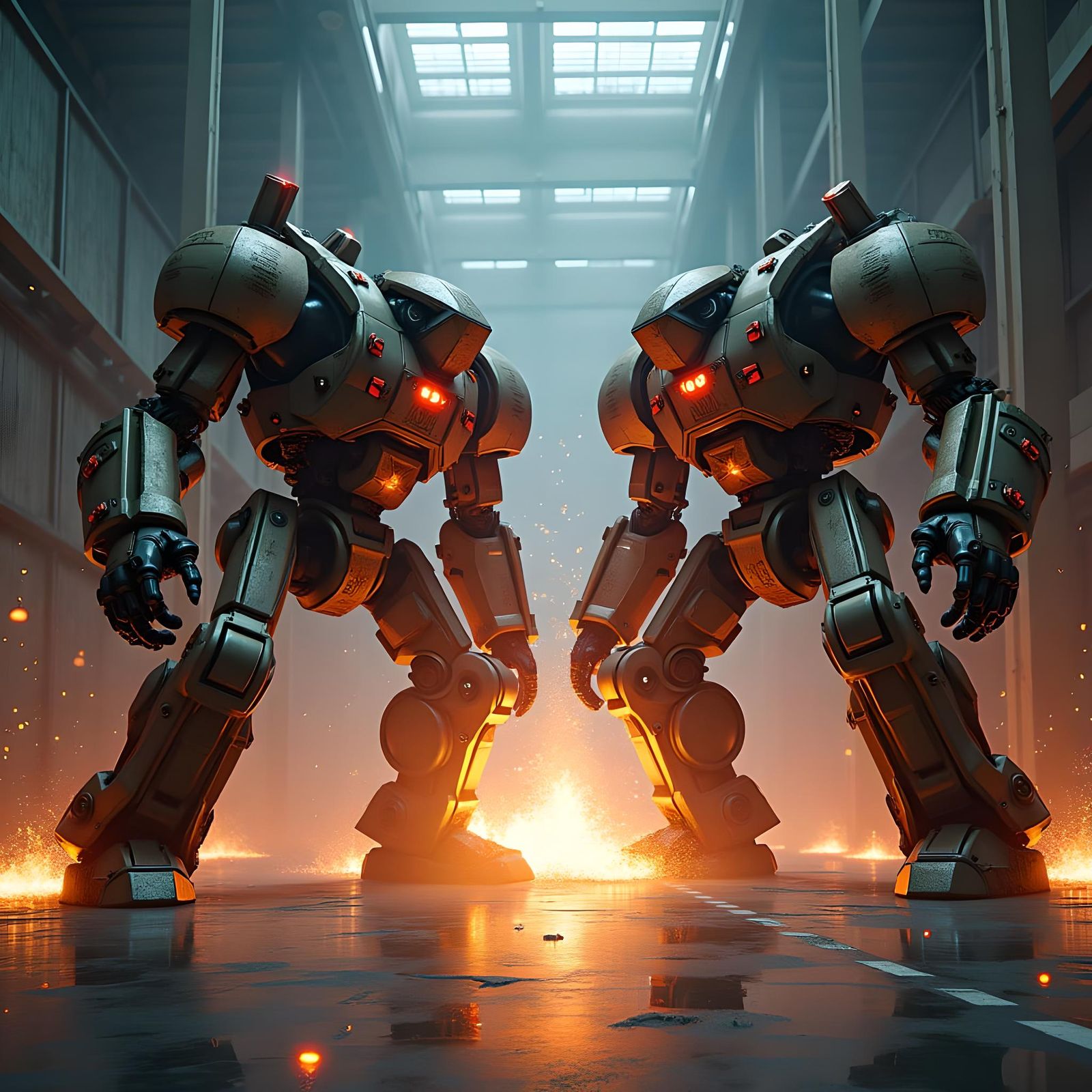 Mecha Battle in Industrial Arena: Fantasy Concept Art