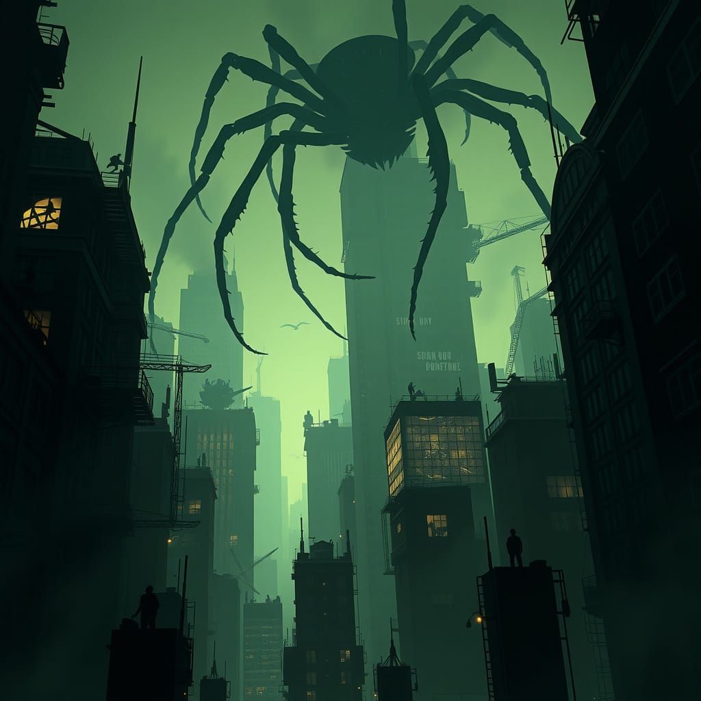 Cyberpunk Cityscape Under Siege by Arachnid Beasts