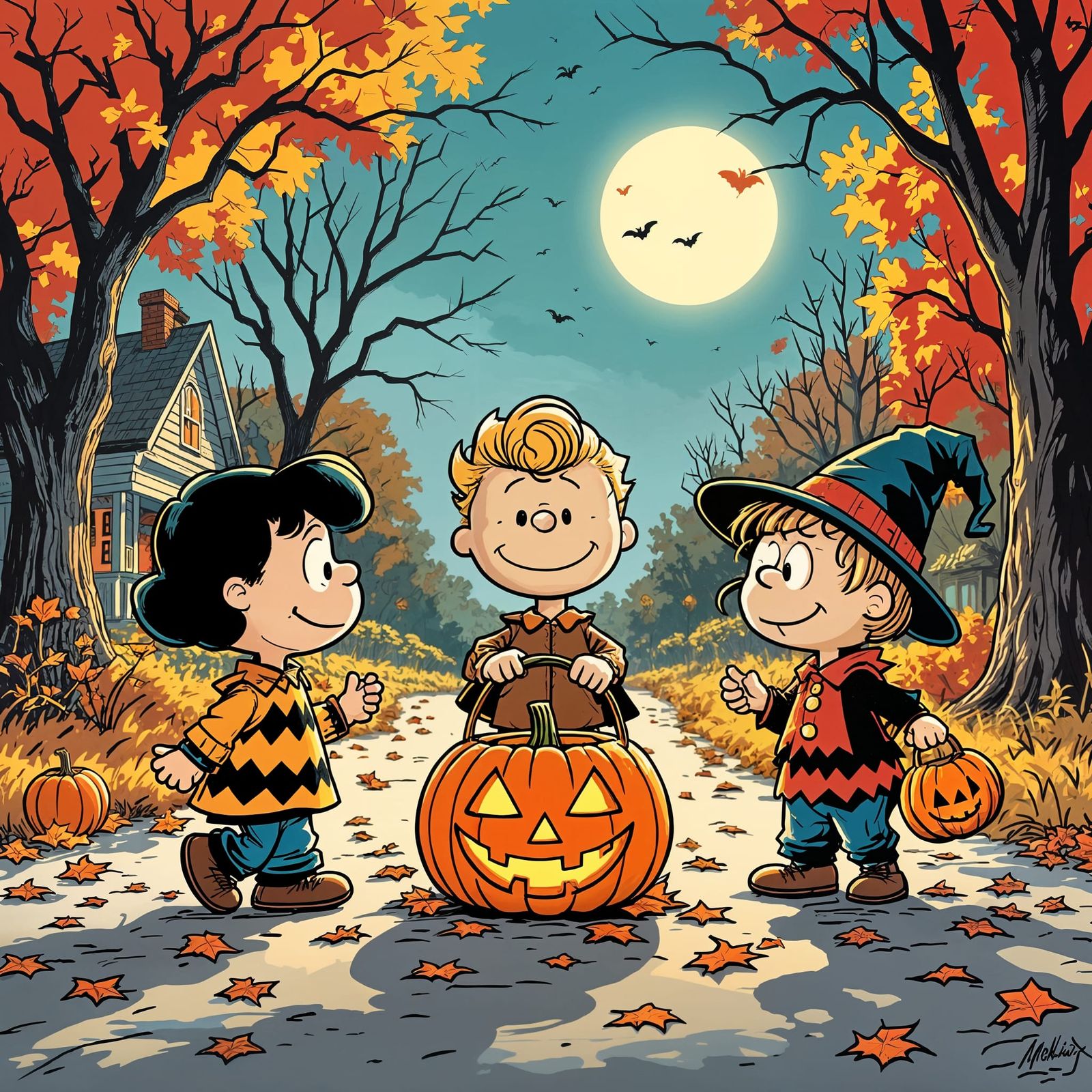 Peanuts Characters Trick-or-Treating in Comic Book Style