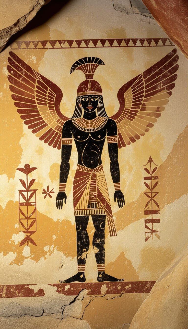 Cave Painting of Winged Angelic Figure in Primitive Style