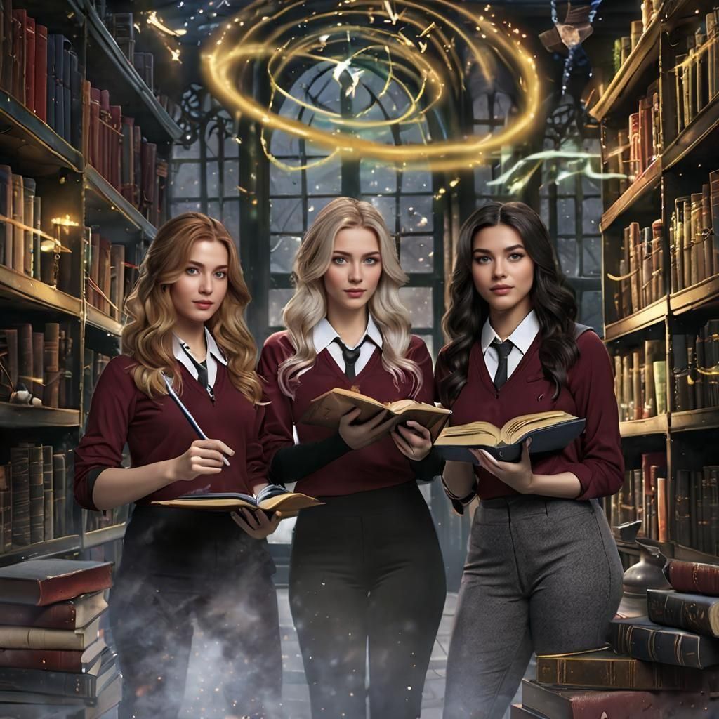 Confident Wizard Students Practicing Magic in Starry Sky