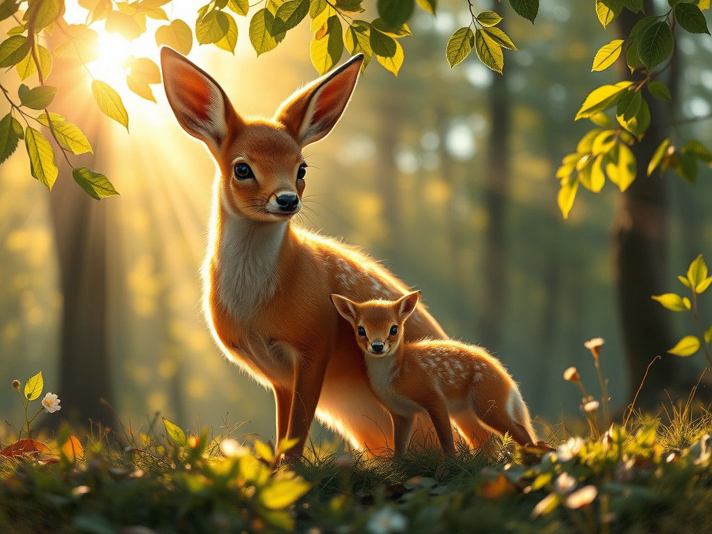 Deer and Fawn in Forest Clearing