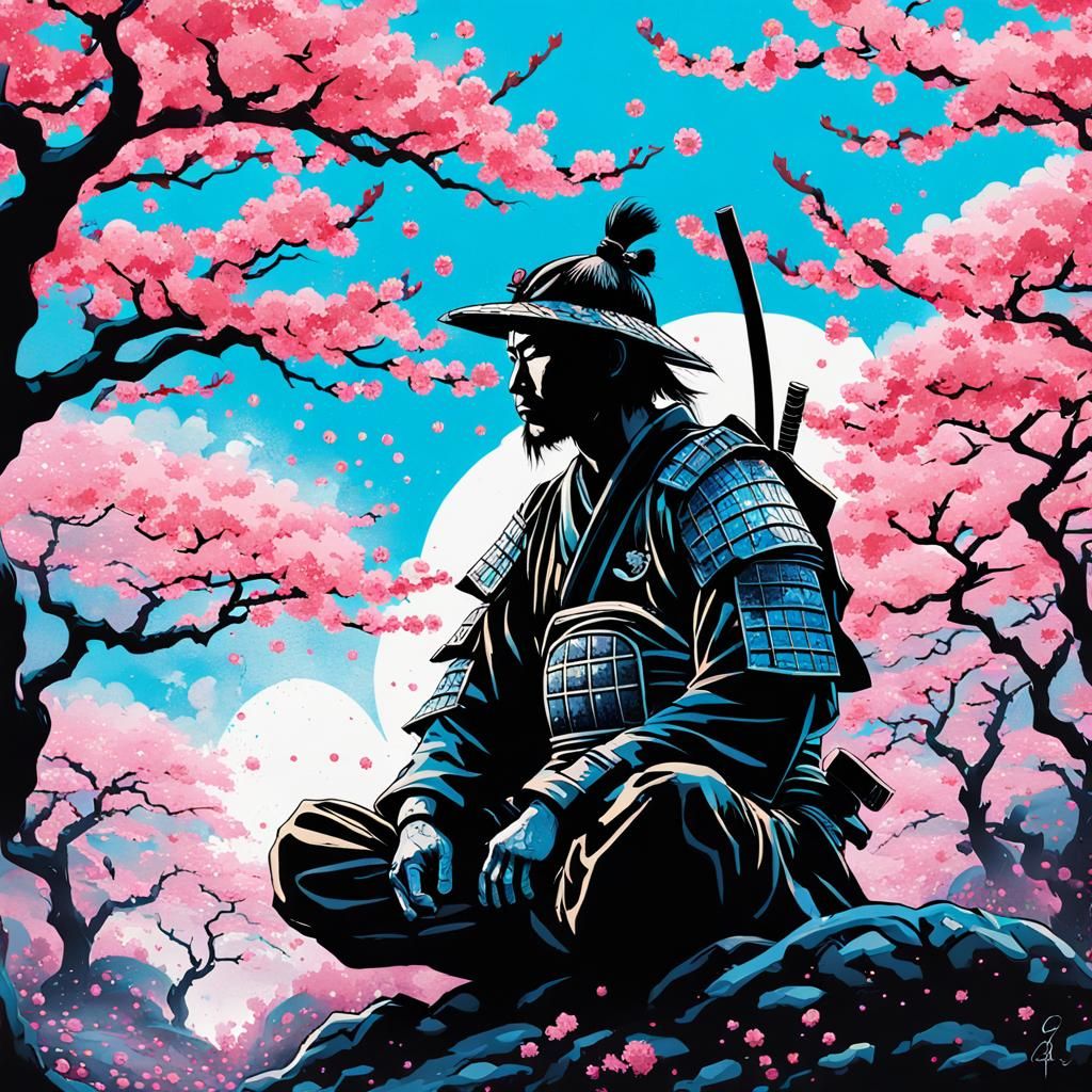 Samurai Silhouette in Cherry Blossom Garden: Graffiti Art