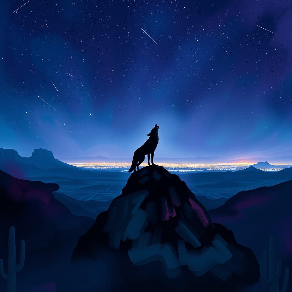 Mystical Desert Coyote Under Starry Night Sky