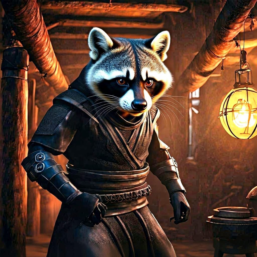 Raccoon Ninja Warrior in Cozy Attic: Fantasy Concept Art