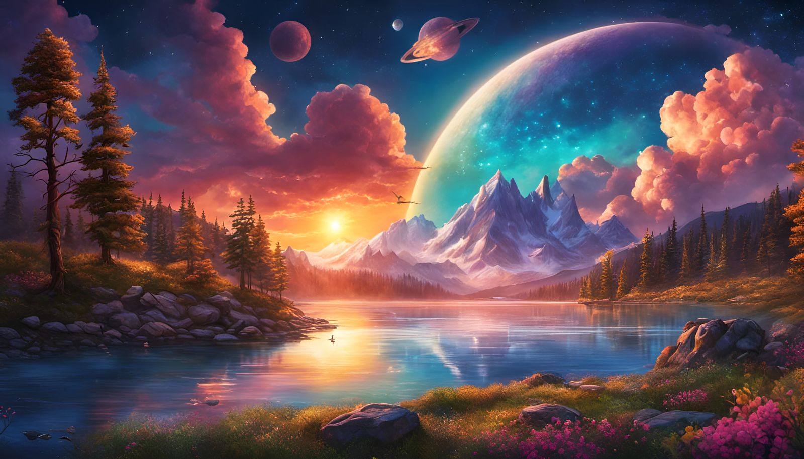 Cabin on Mountain Lake at Sunset in Film Noir Style