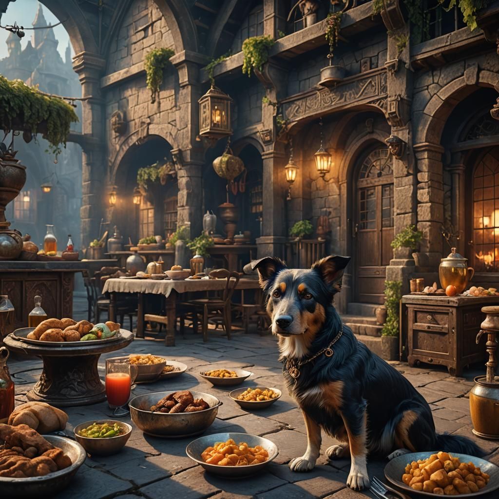 Patient Dog in Detailed Fantasy Painting