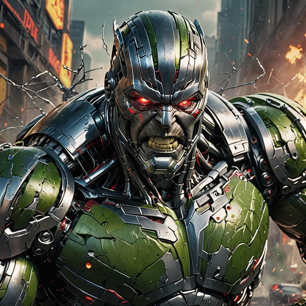 Hyperrealistic Ultron Assimilated Hulk Splash Art