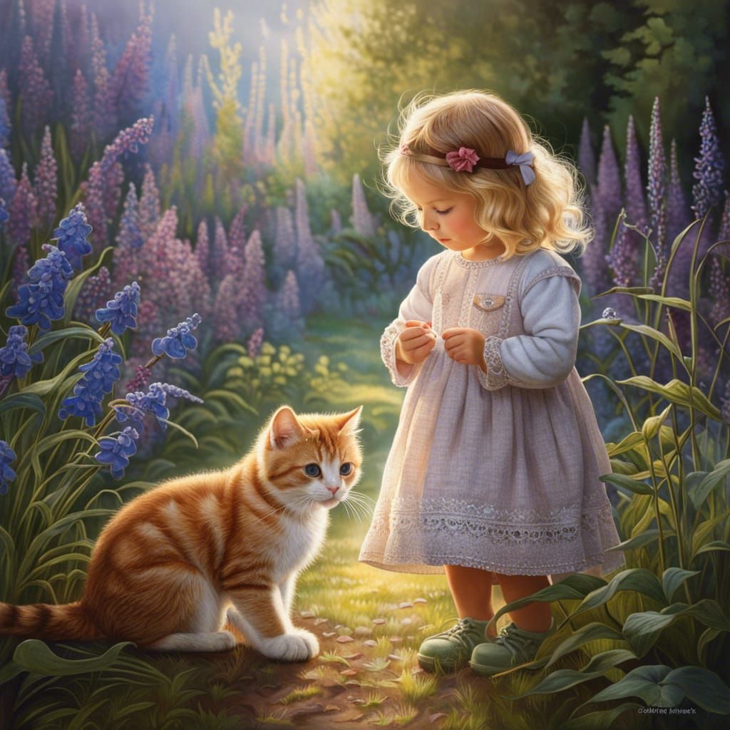 Toddler and Cat in Garden, Fairytale Style