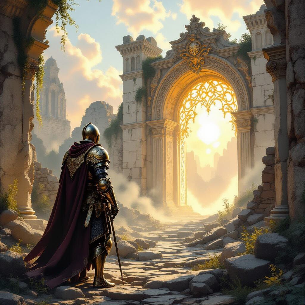 Knight Gazes at Ethereal Portal in Renaissance Ruins