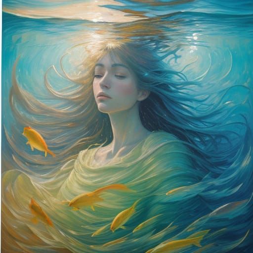 Serene Underwater Figure in Neo-Impressionist Style
