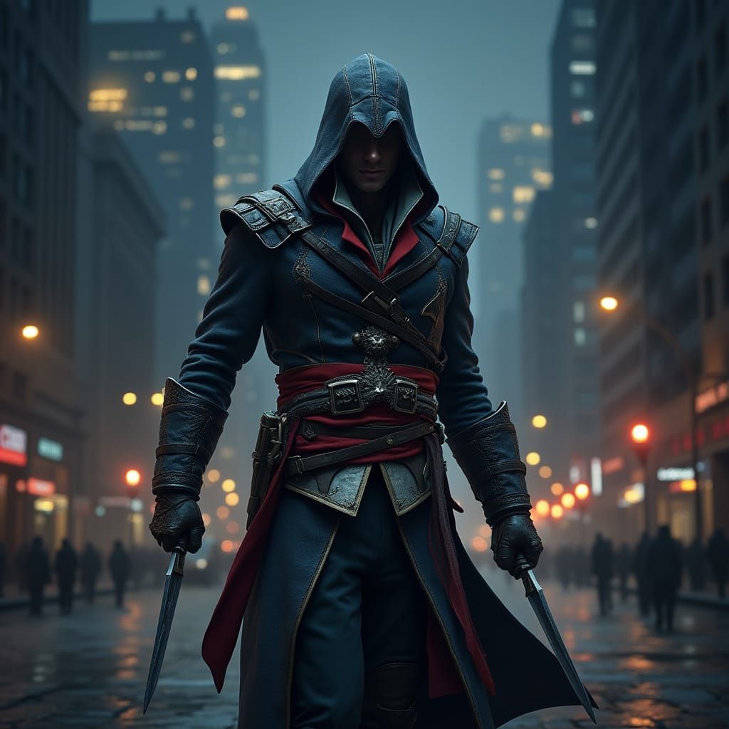 Modern Assassin in a Cityscape at Night