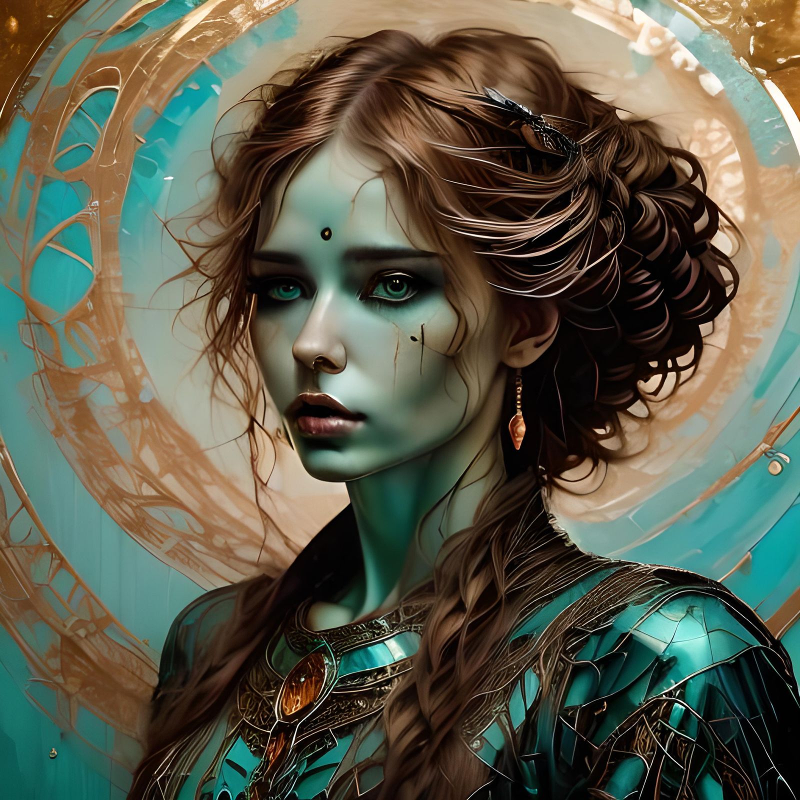 Ethereal Blonde Woman in Opulent Turquoise Hall