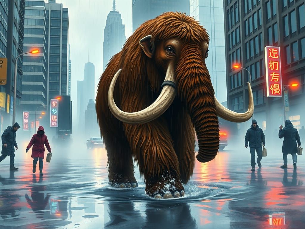 Shaggy Mammoth Walks Through Foggy City Streets in a Dreamli...