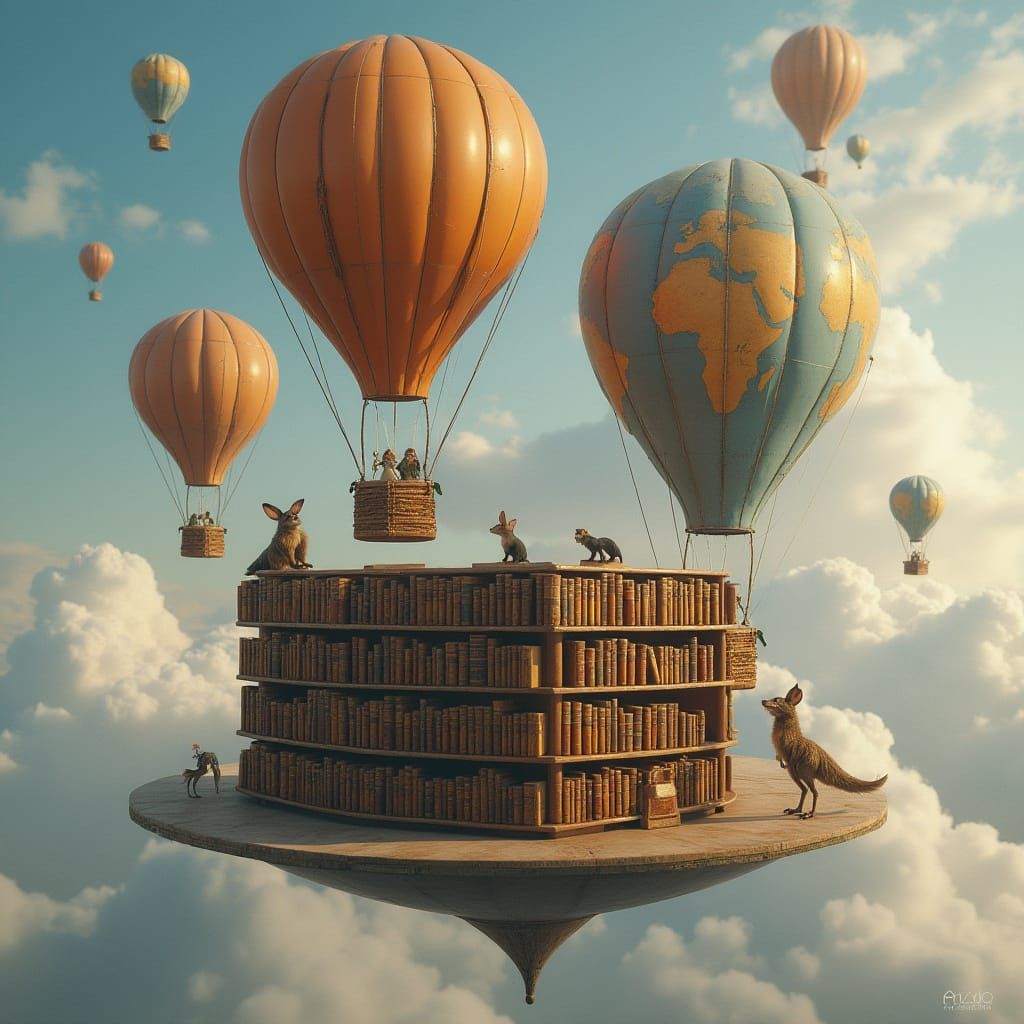 Enchanted Skybound Library with Majestic Creatures