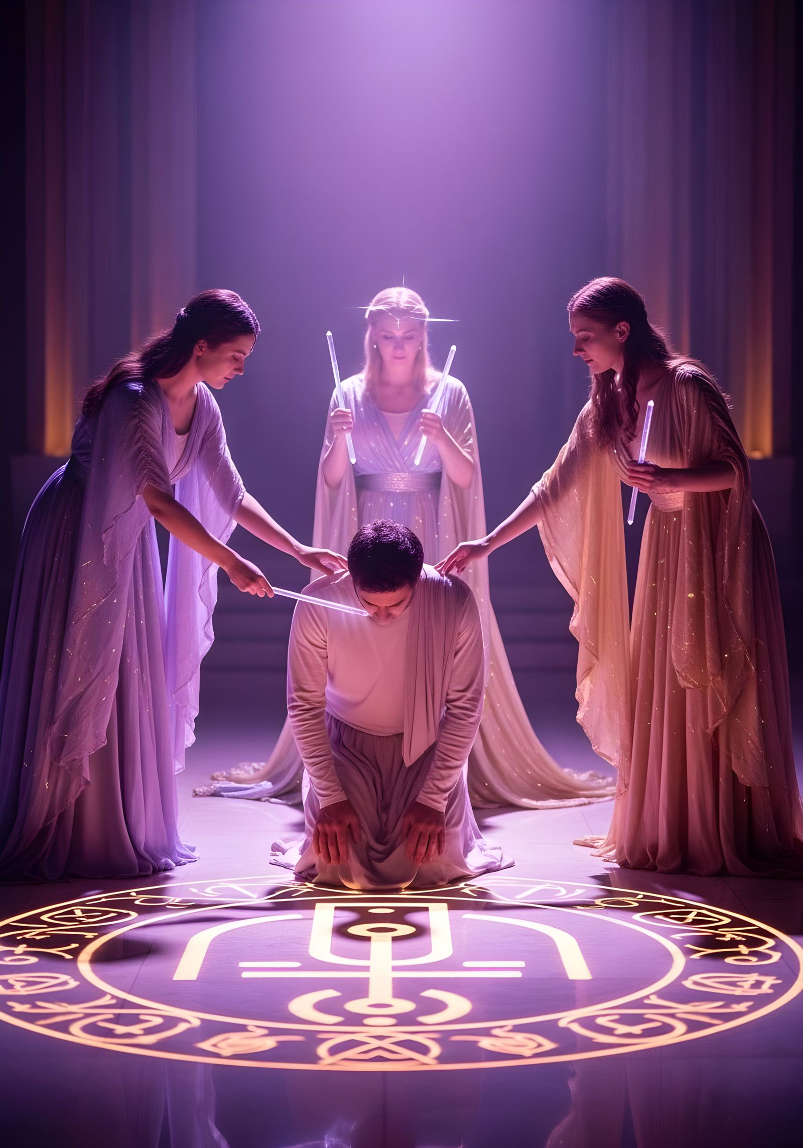 Ceremonial Chamber with Kneeling Man and Priestesses