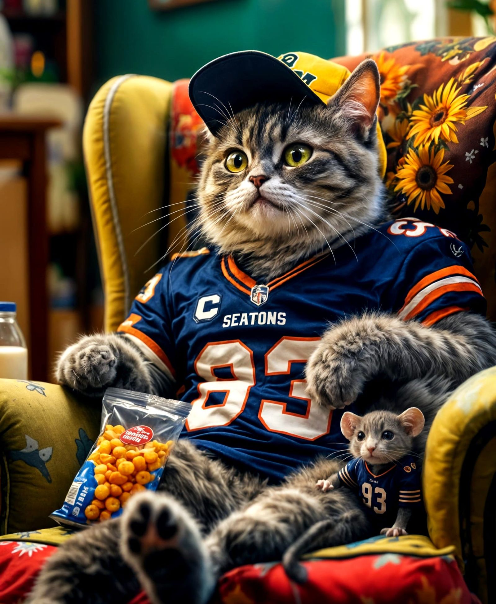 Cat Watching TV in Baseball Cap and Football Top