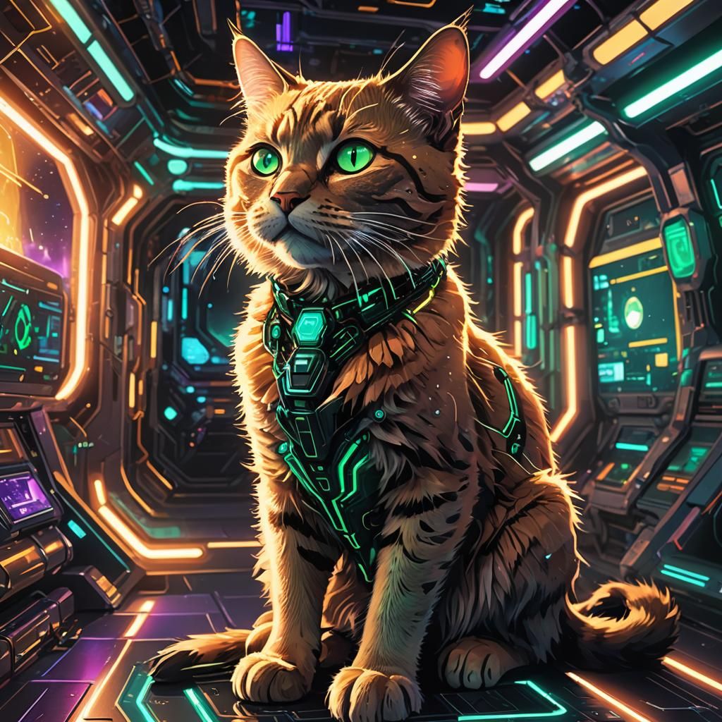 Futuristic Cat on Sci-Fi Console in Neon Space Station
