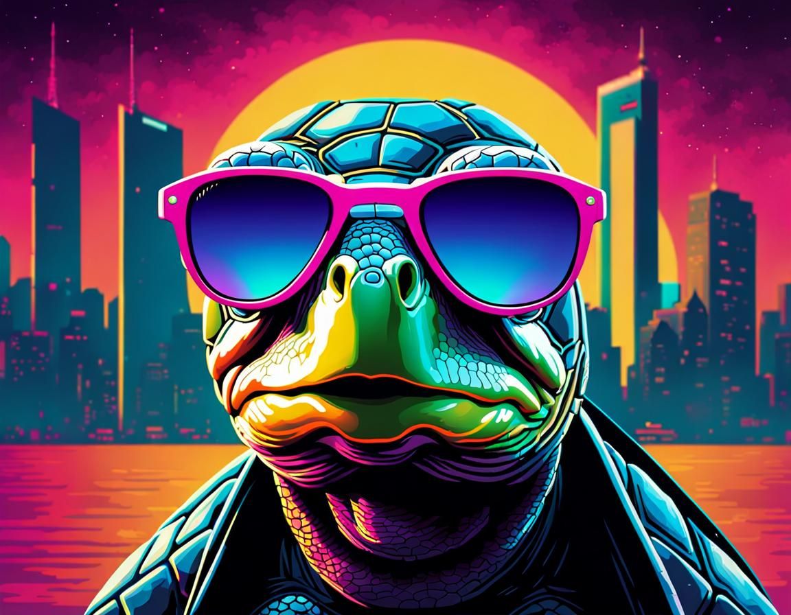 Synthwave Turtle Portrait in Retro Cityscape
