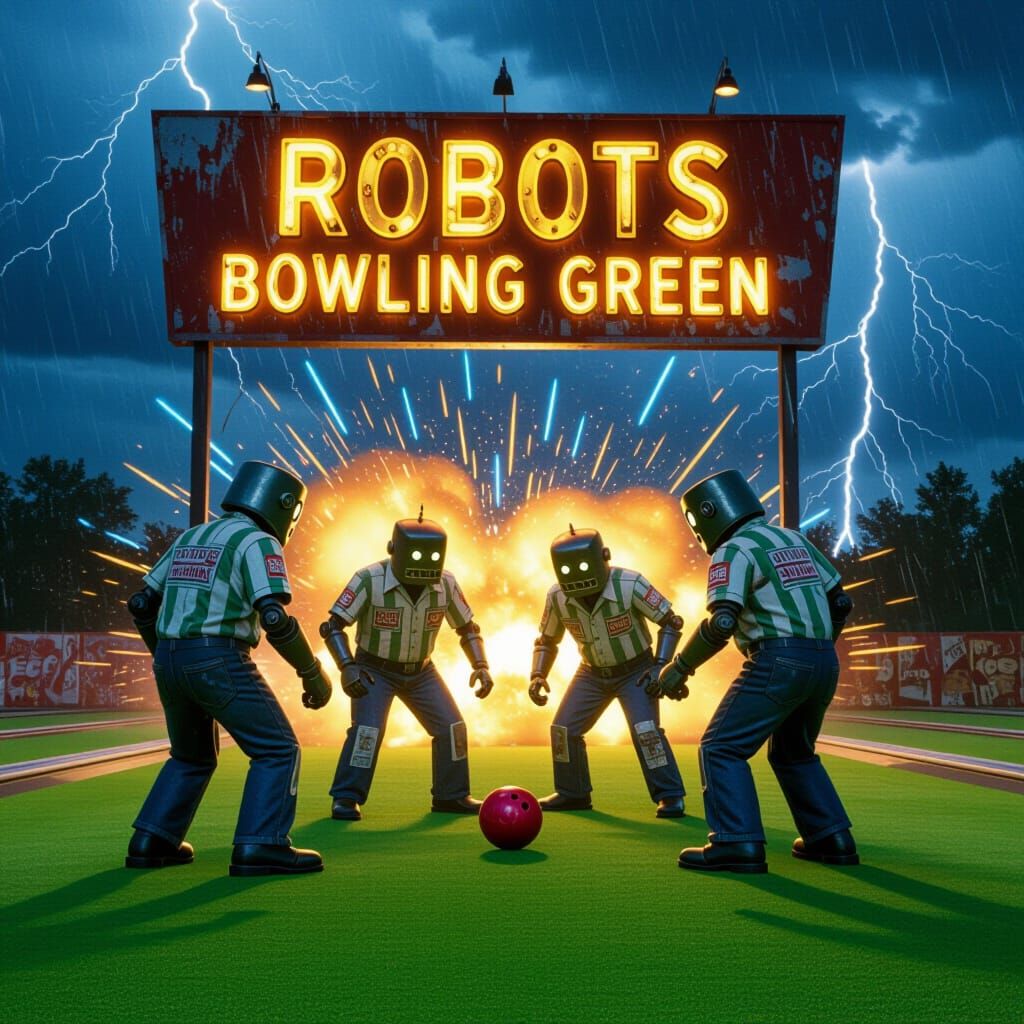 Robots Bowling Green Explosion in Syd Mead Style