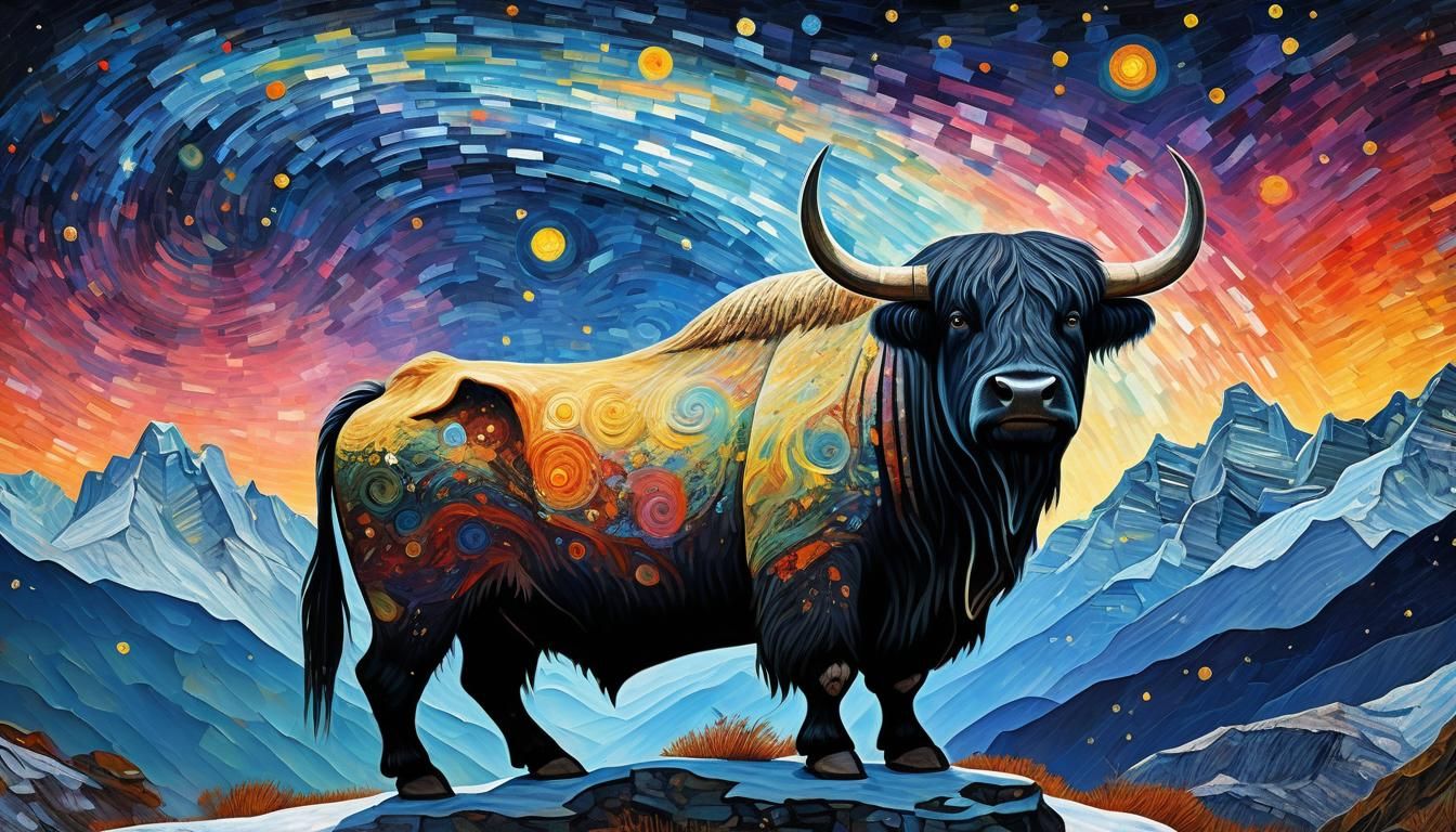 Yak Observes Cosmic Display: Modern Art Style