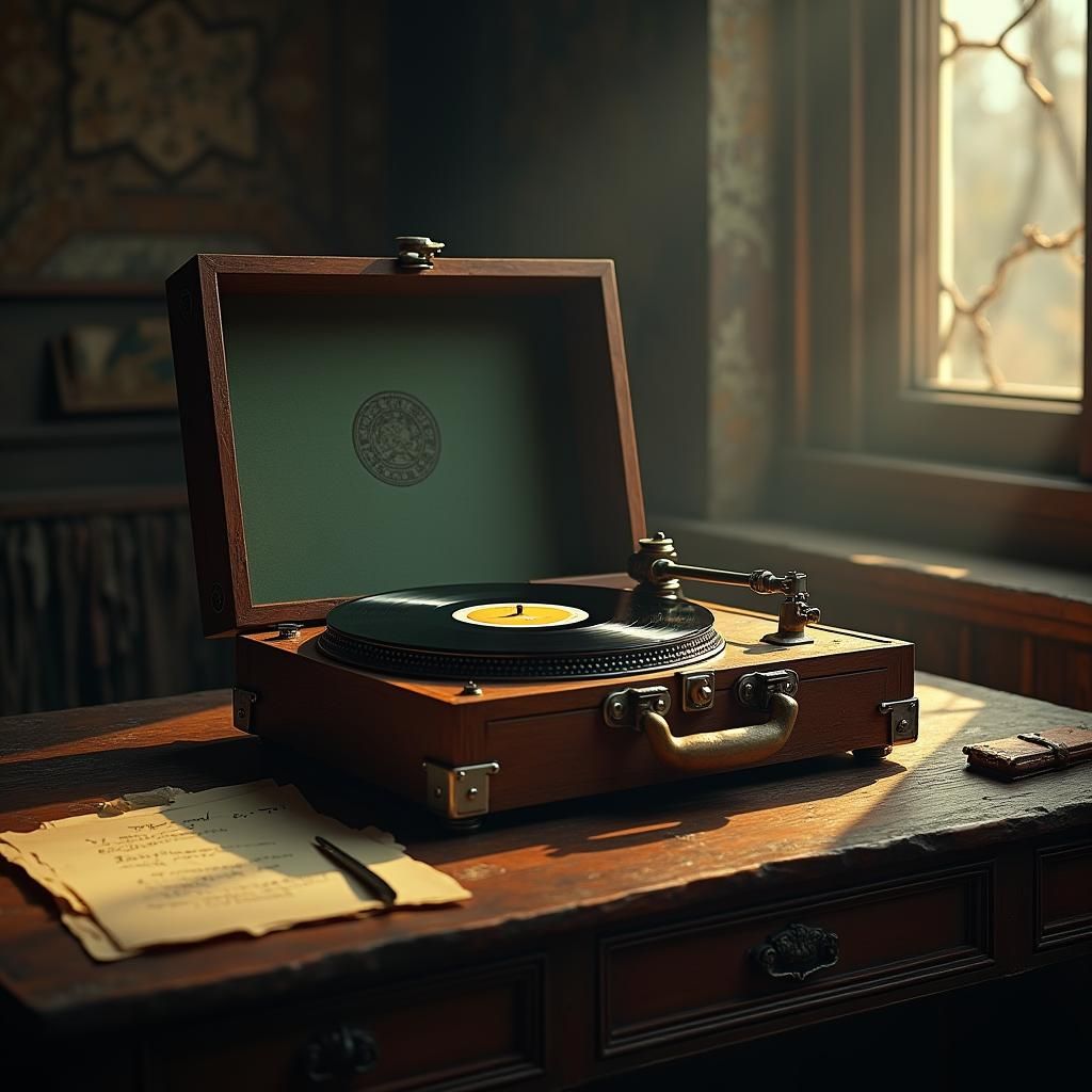 Vintage Vinyl Record on Wooden Desk, Matte Painting