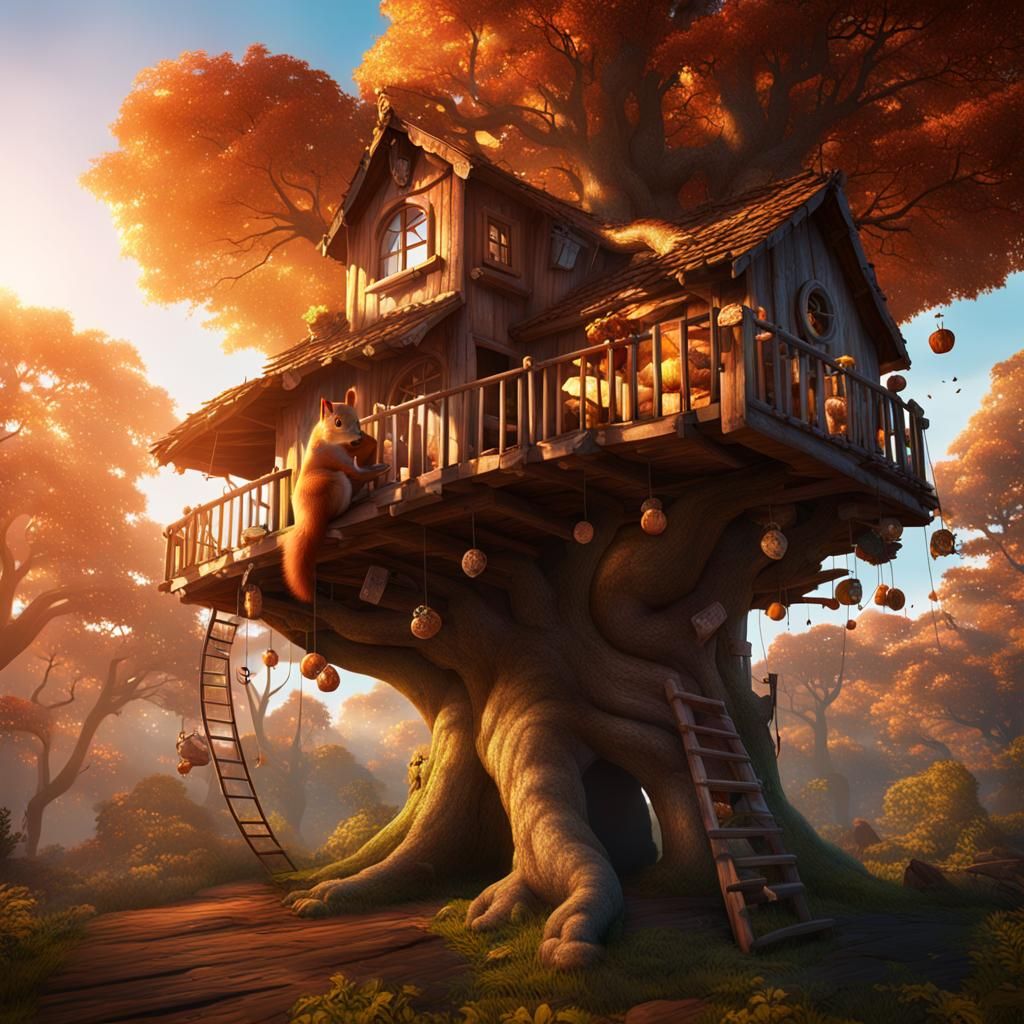 Squirrel in Treehouse at Sunrise: Fantasy Concept Art
