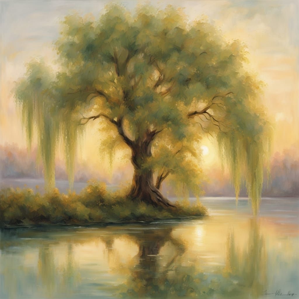 Impressionist Willow Tree on Serene Lake Shore