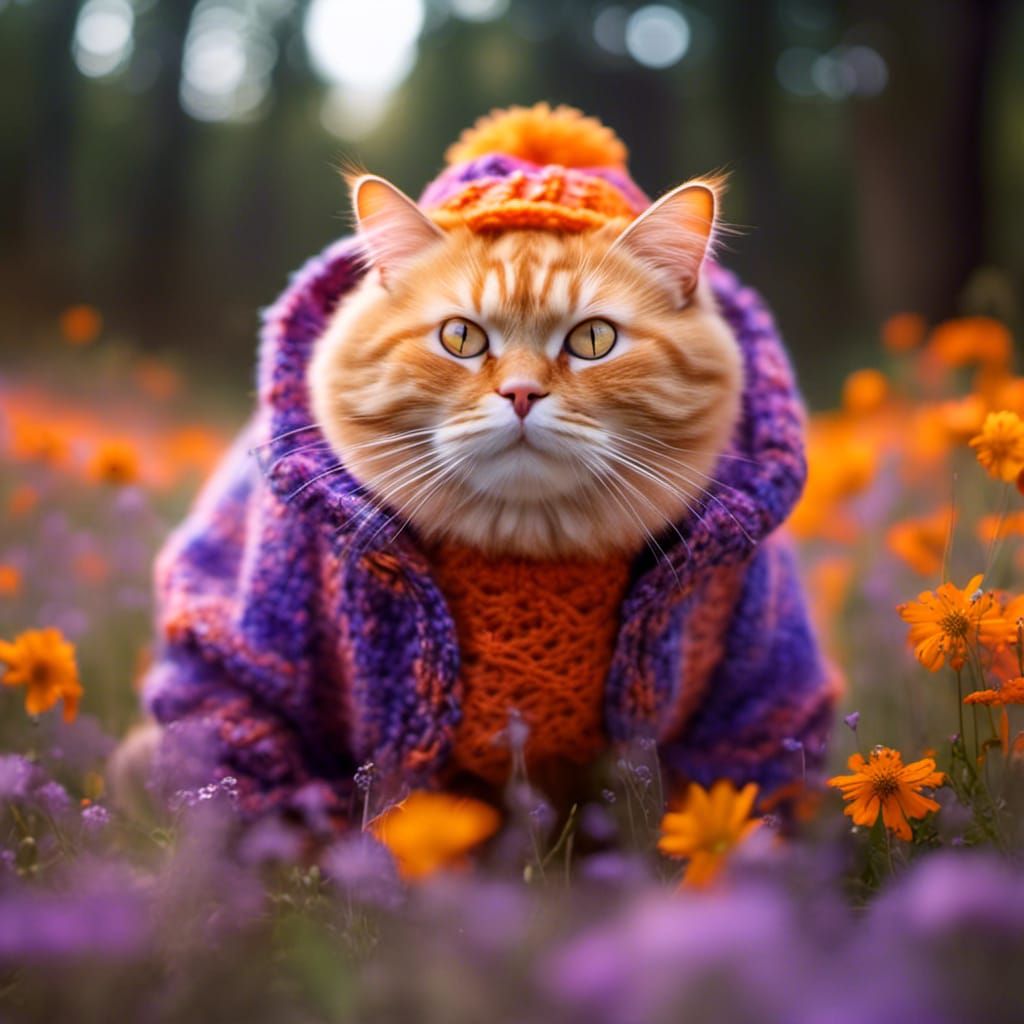 Chubby Orange Cat in Sweater in Bioluminescent Forest