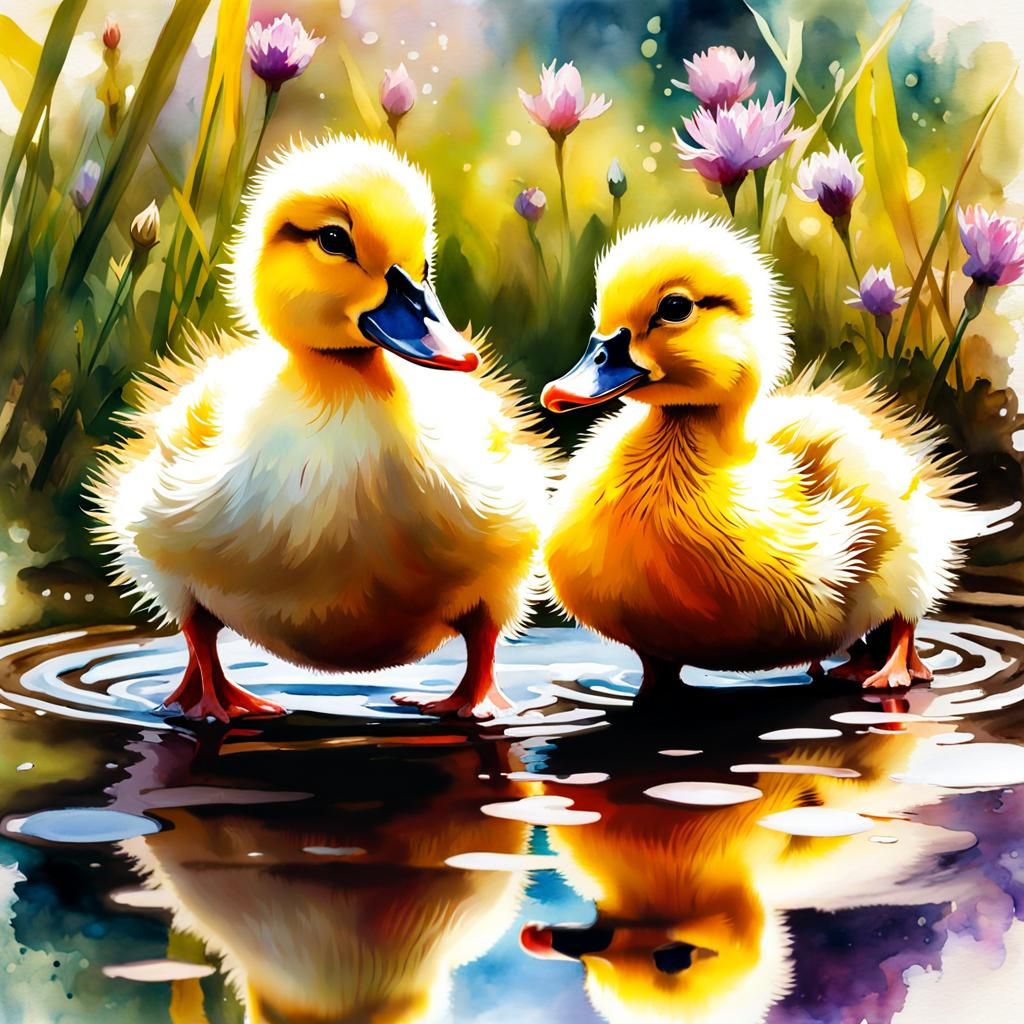 Watercolor Ducklings in Summer Sunshine