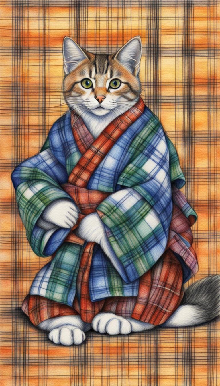 Kitune in Plaid Kimono: Crayon and Colored Pencil Art