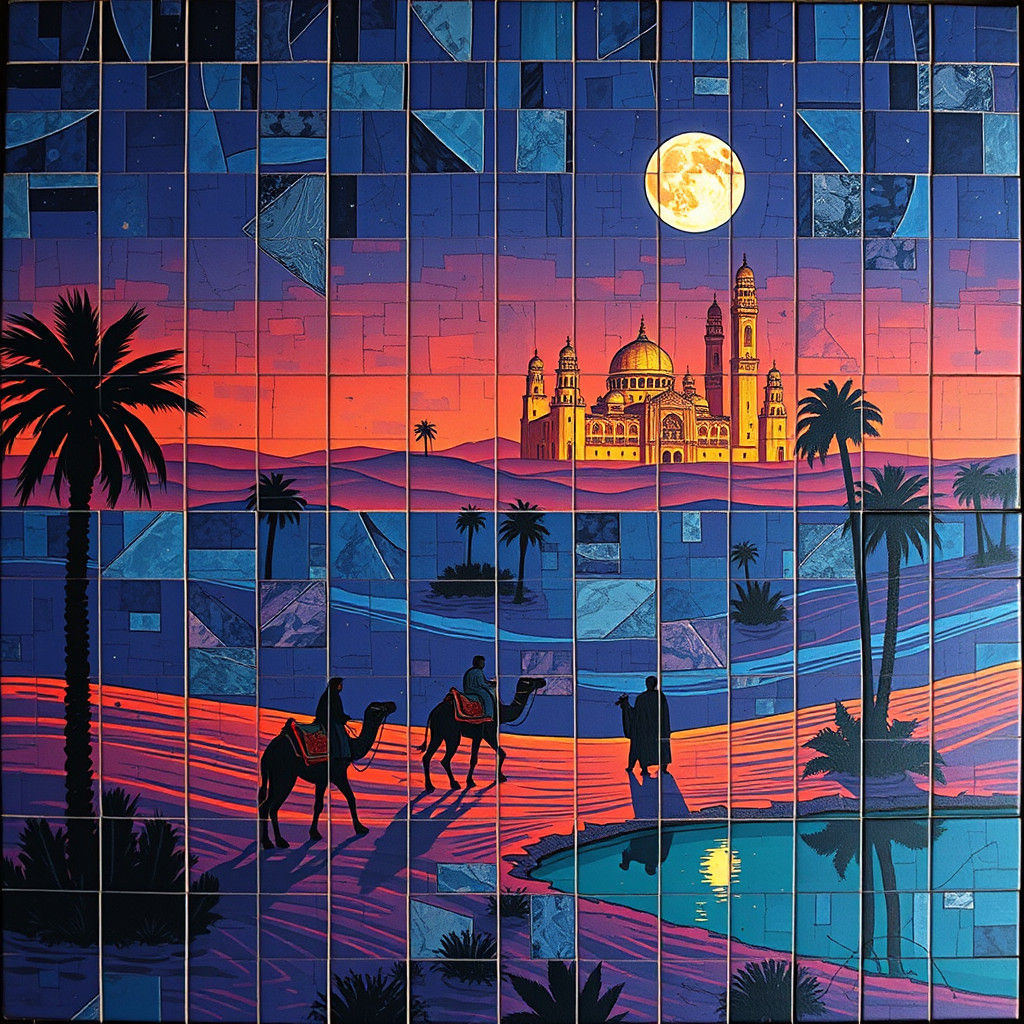 Desert Oasis at Night: Mosaic Impasto Masterpiece
