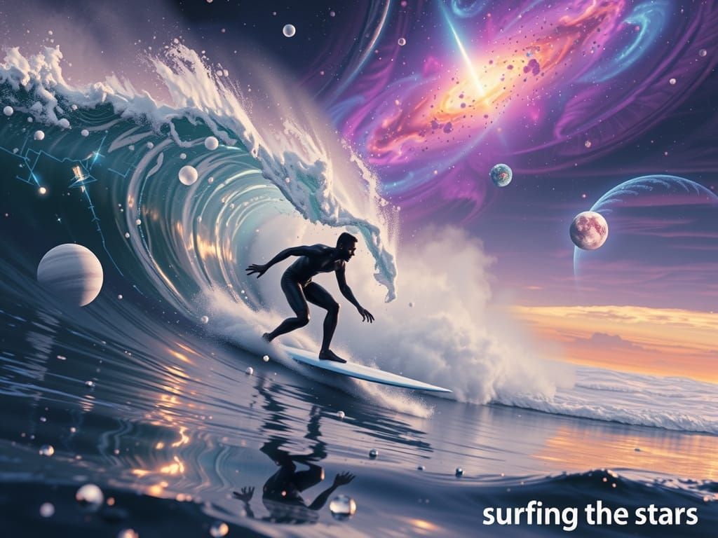 Black Surfer Rides Cosmic Wave in Nebula Sky