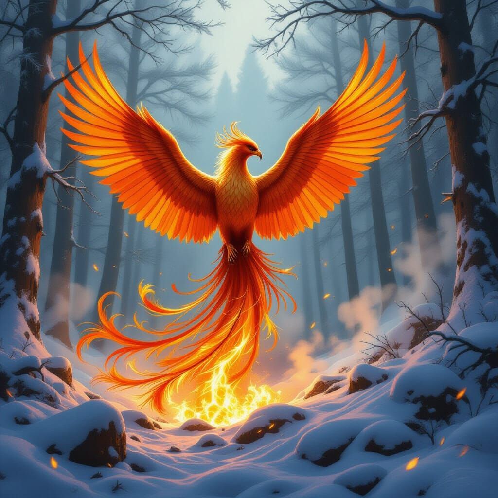 Phoenix Rising in Snowy Forest: Epic Fantasy Art