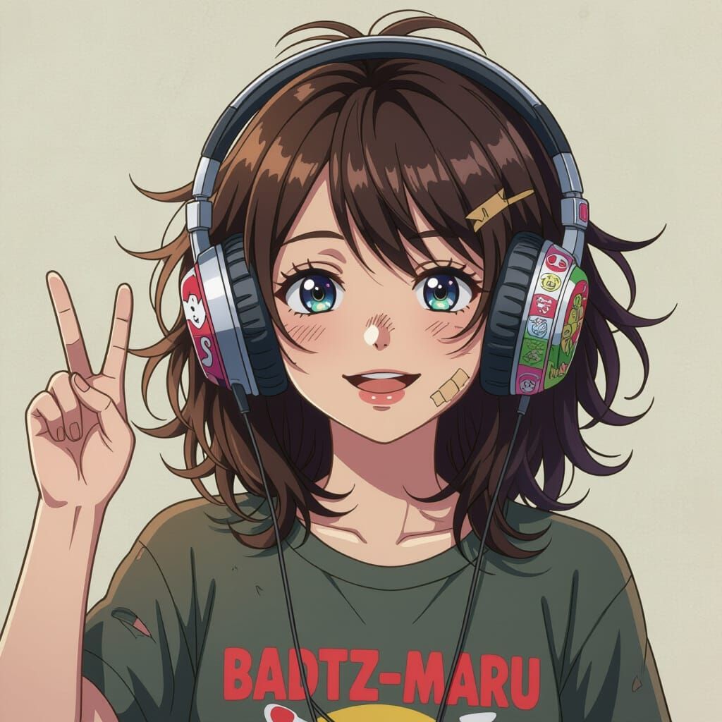 Anime Girl with Retro Headphones and Stickers