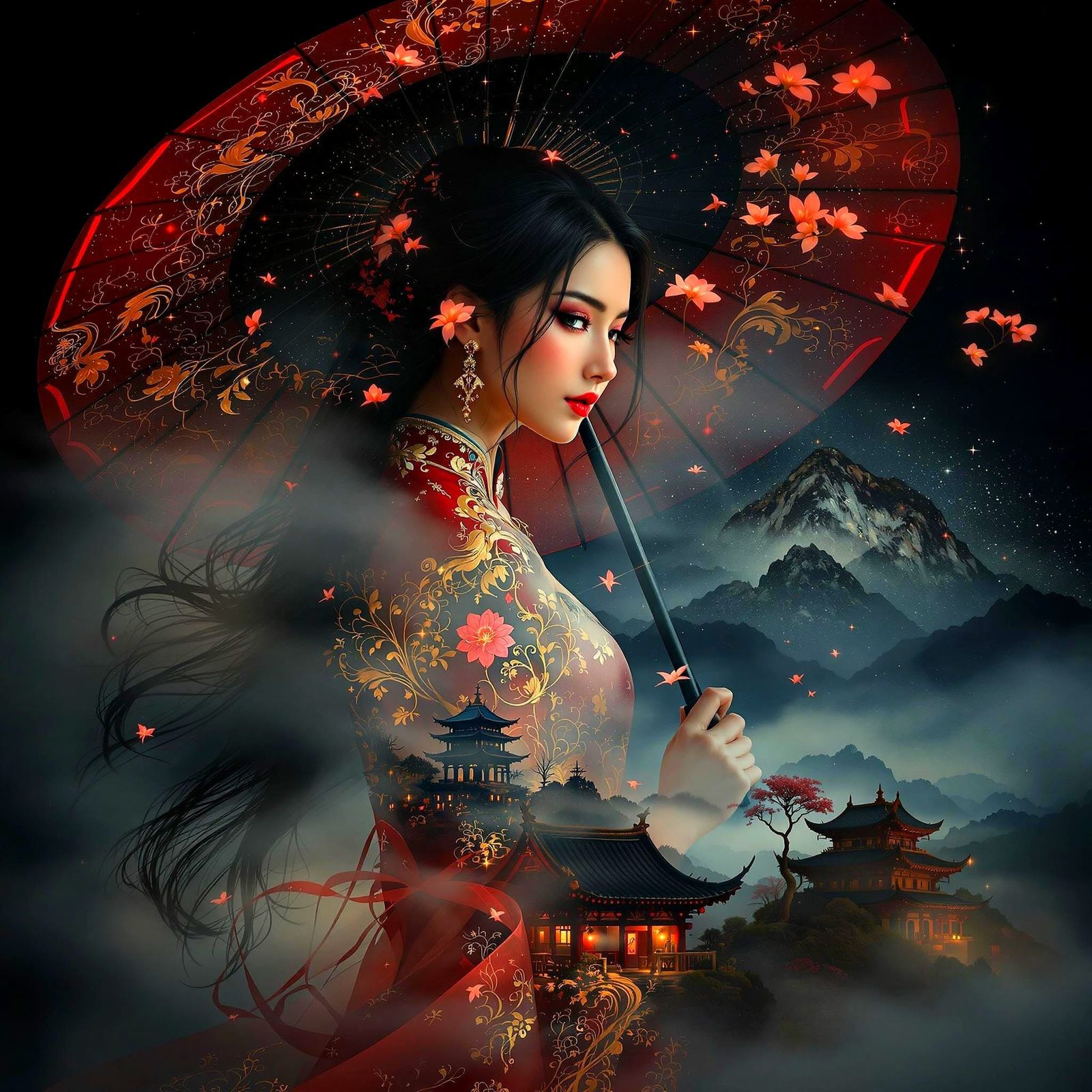 Elegant Chinese Woman in Neon Landscape