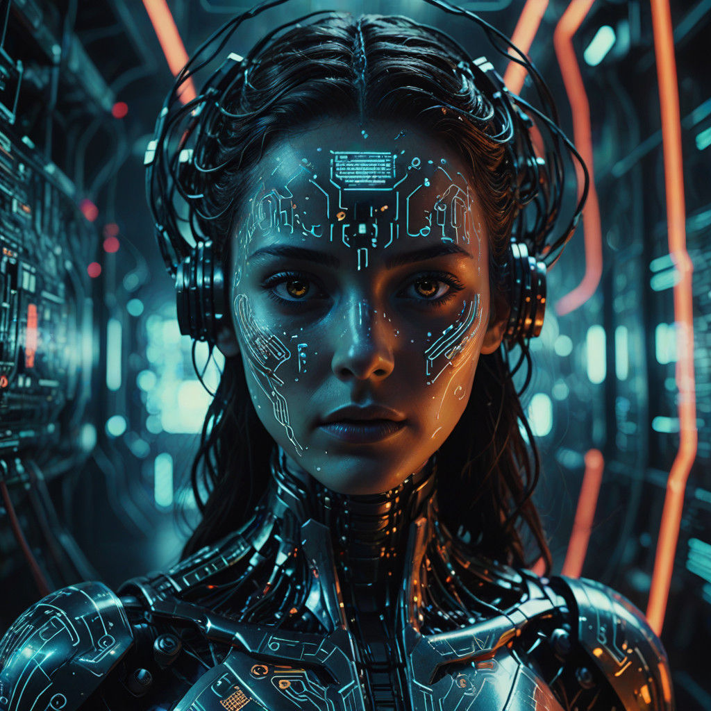 Futuristic AI Spirit in Vignette of Swirling Code