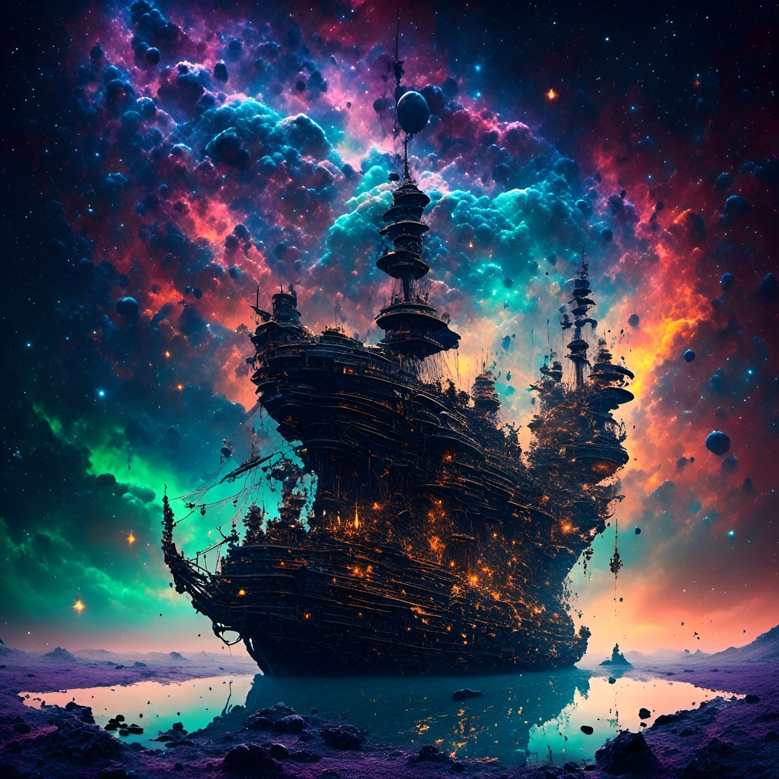 Nebula Reflection: Bioluminescent Ship to Barren World