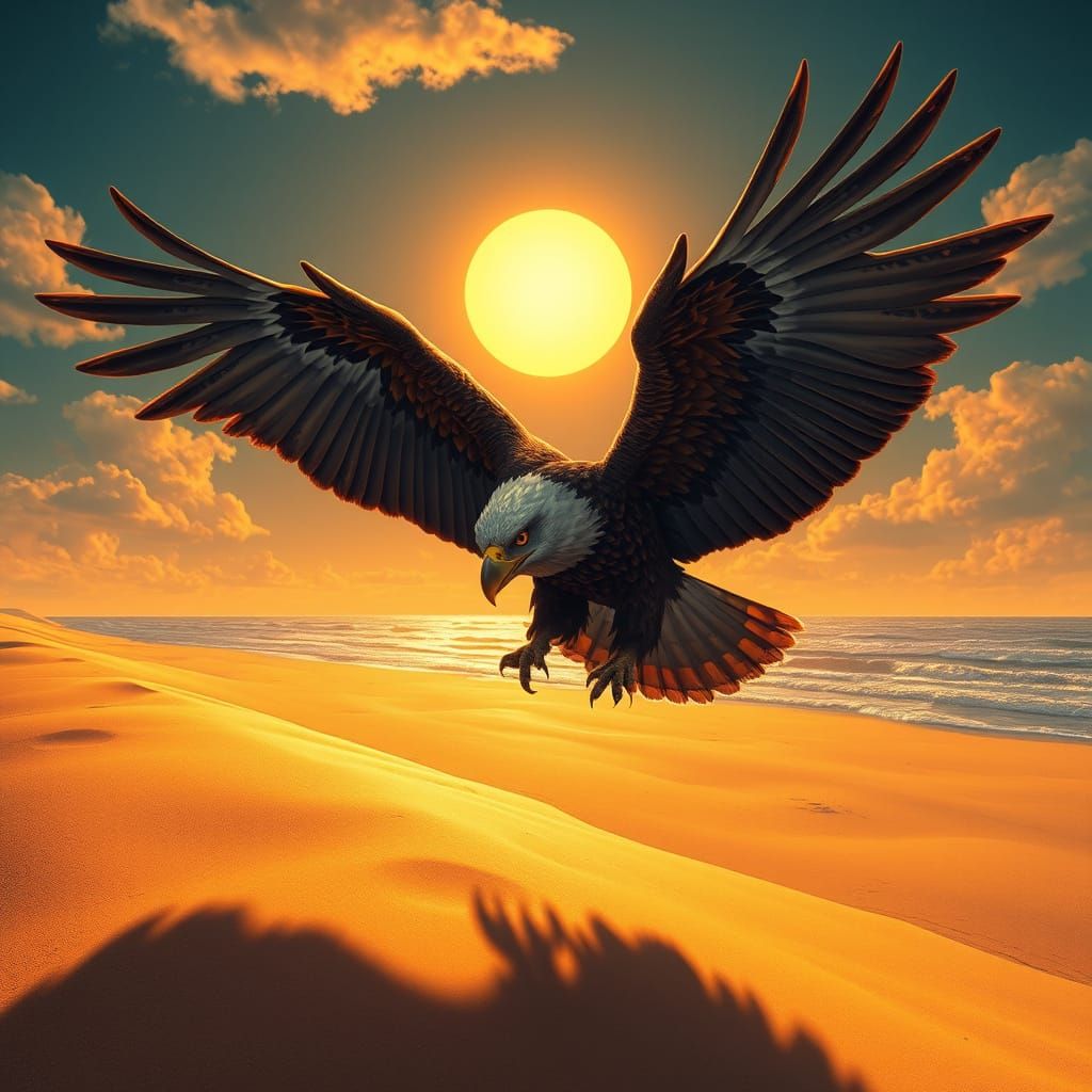 Eagle with Glowing Eyes Soaring Over Beach