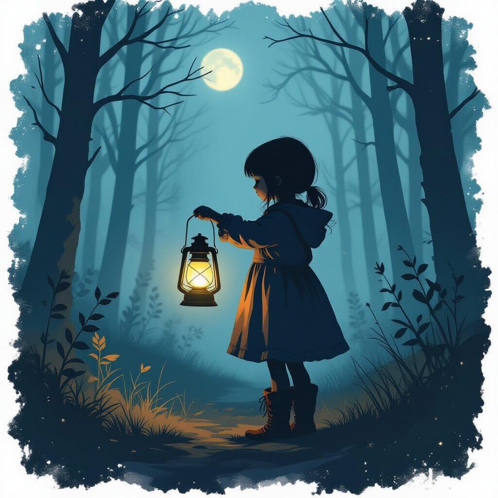 Girl with Lantern in Mystical Forest, Digital Art