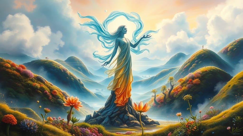 Ethereal Sculpture of Transforming Figure in Dreamscape