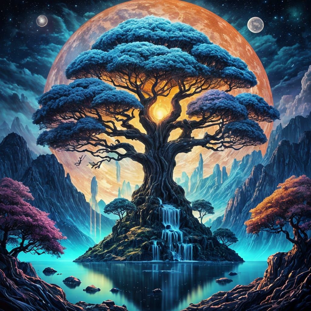 Ancient Bioluminescent Tree on Floating Island