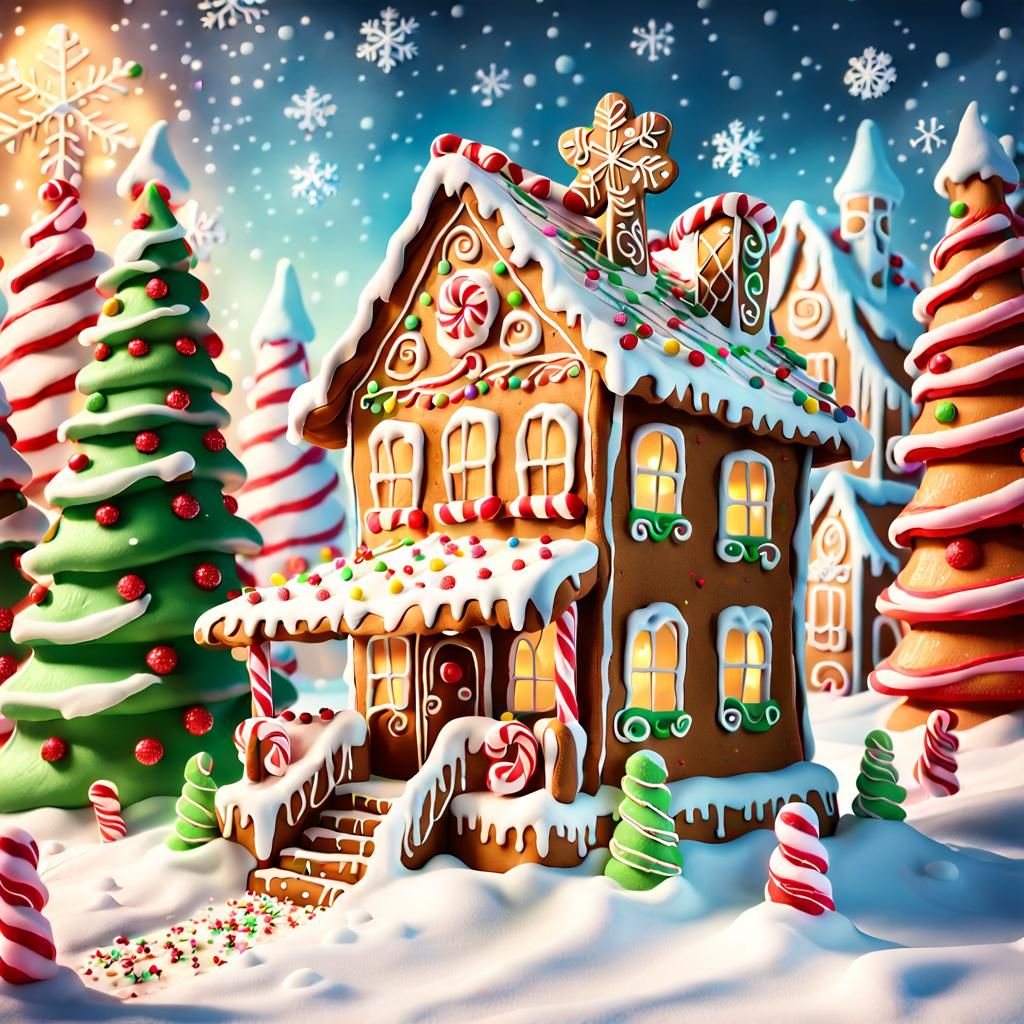 Surreal Winter Wonderland Gingerbread House Scene