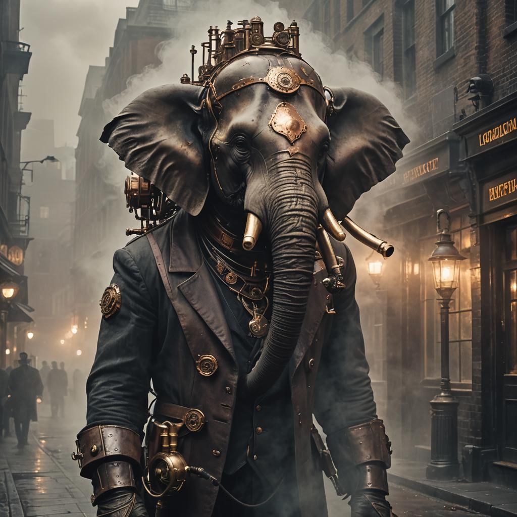 Steampunk Elephant Portrait in Foggy London Street