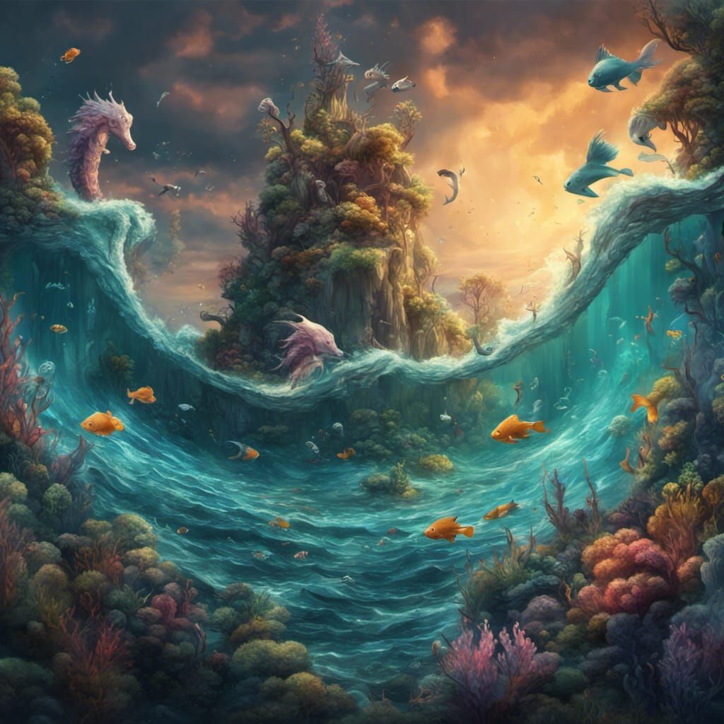 Childish Ocean Drawing with Seahorses and Fish